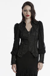 Black V Collar Long Puff Sleeves Lace-Up Zipper Women's Gothic Blouse